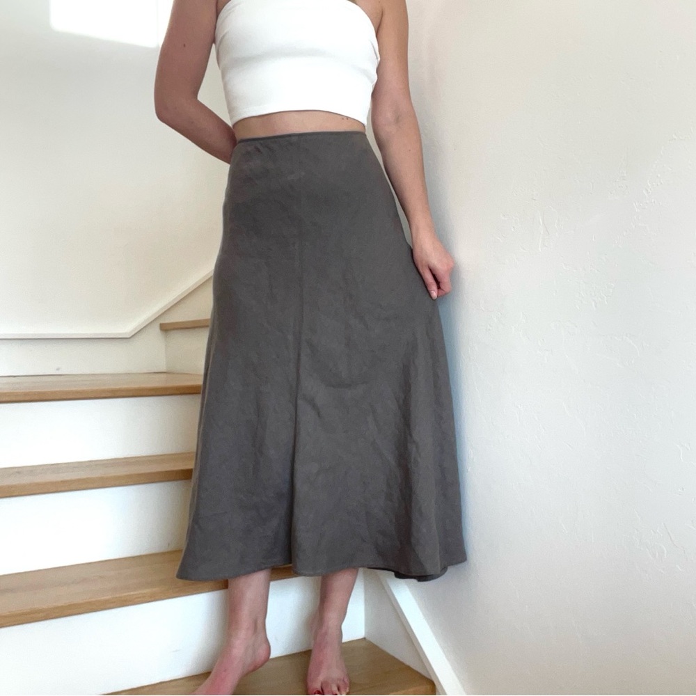 Eileen Fisher 100% Linen Charcoal Grey Lagenlook Minimalist Midi Maxi Skirt